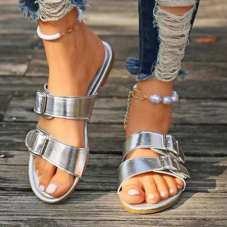 Open Toe Double Buckle Sandals - Clothes For Her Online Store