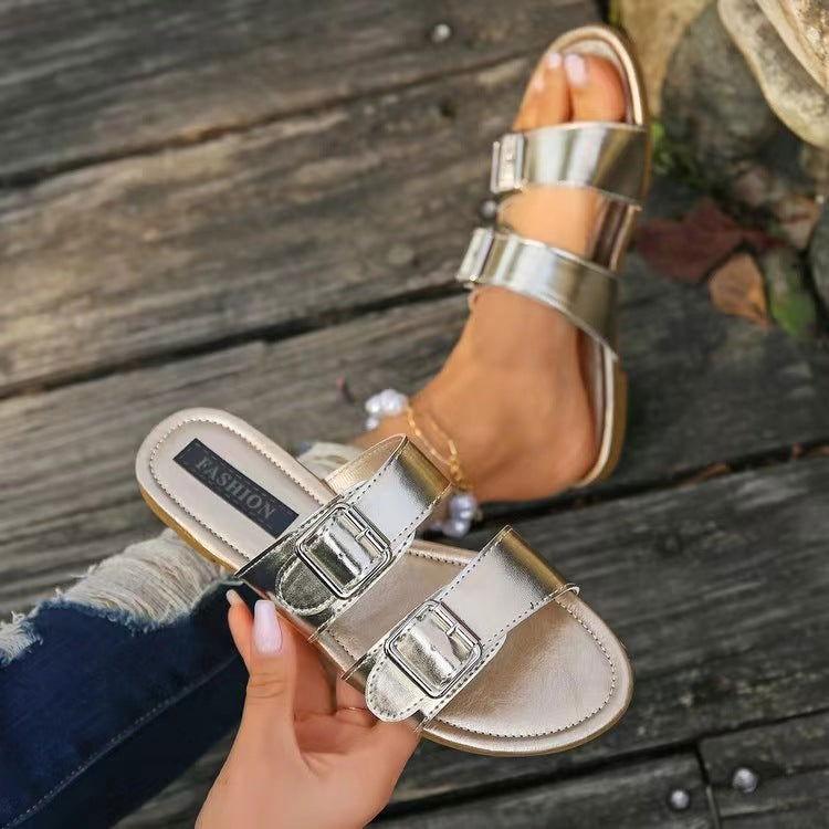 Open Toe Double Buckle Sandals - Clothes For Her Online Store