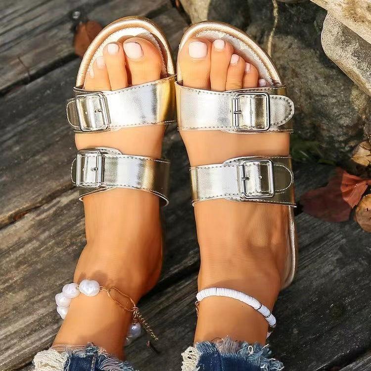 Open Toe Double Buckle Sandals - Clothes For Her Online Store