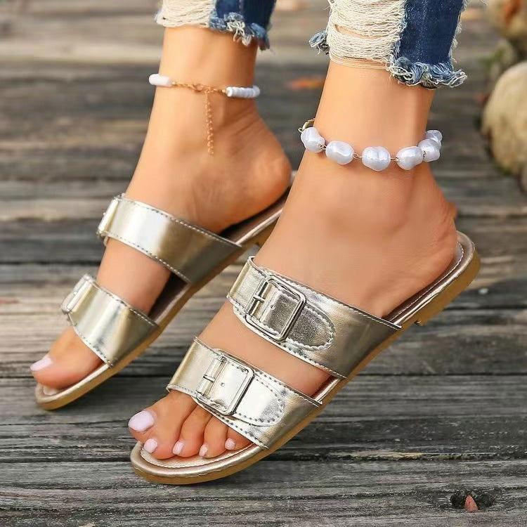 Open Toe Double Buckle Sandals - Clothes For Her Online Store