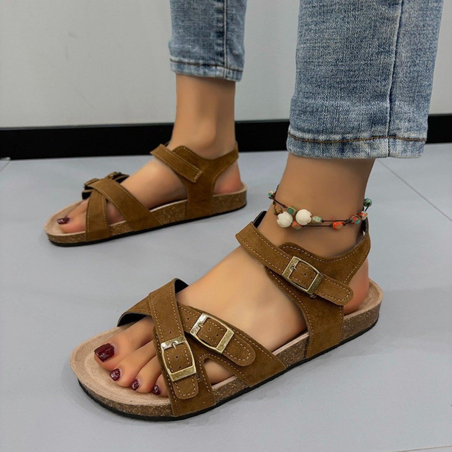 Open Toe Flat Buckle Sandals - Clothes For Her Online Store