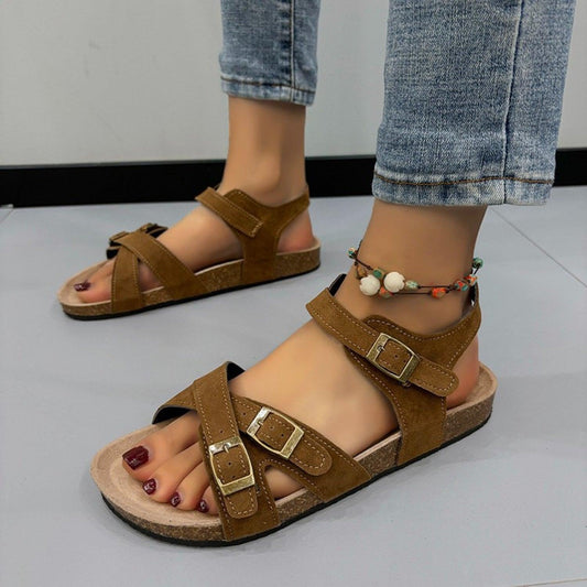 Open Toe Flat Buckle Sandals - Clothes For Her Online Store