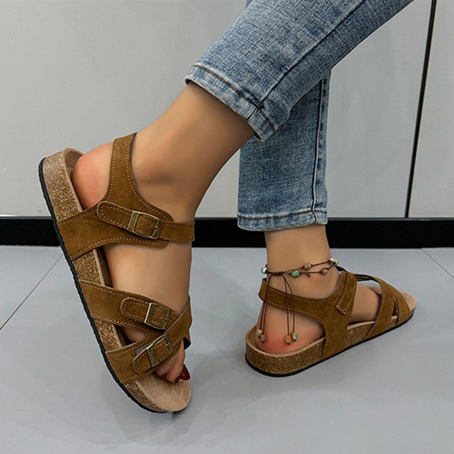 Open Toe Flat Buckle Sandals - Clothes For Her Online Store