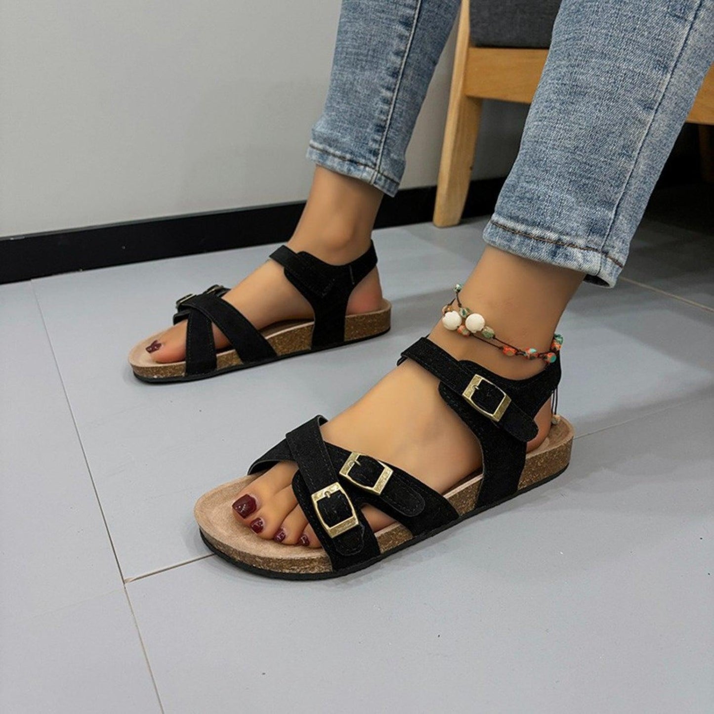 Open Toe Flat Buckle Sandals - Clothes For Her Online Store