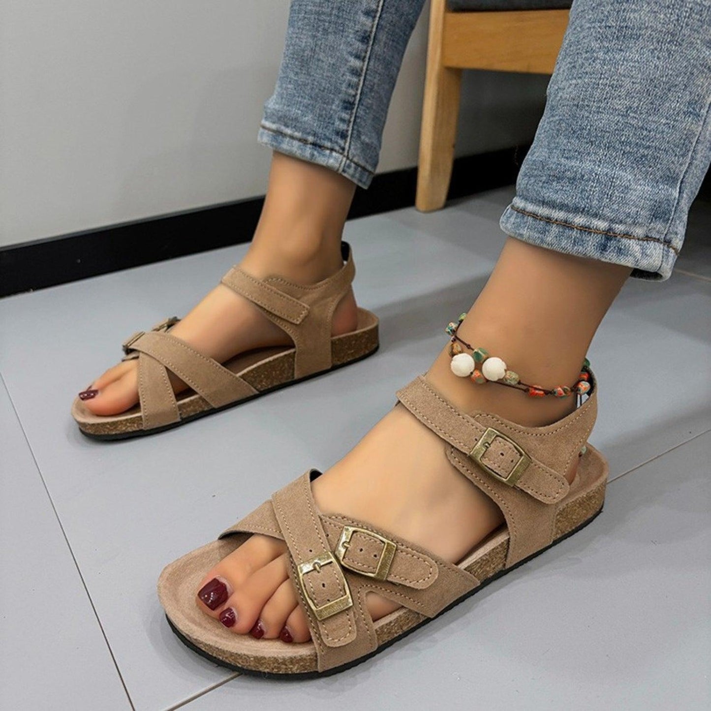 Open Toe Flat Buckle Sandals - Clothes For Her Online Store