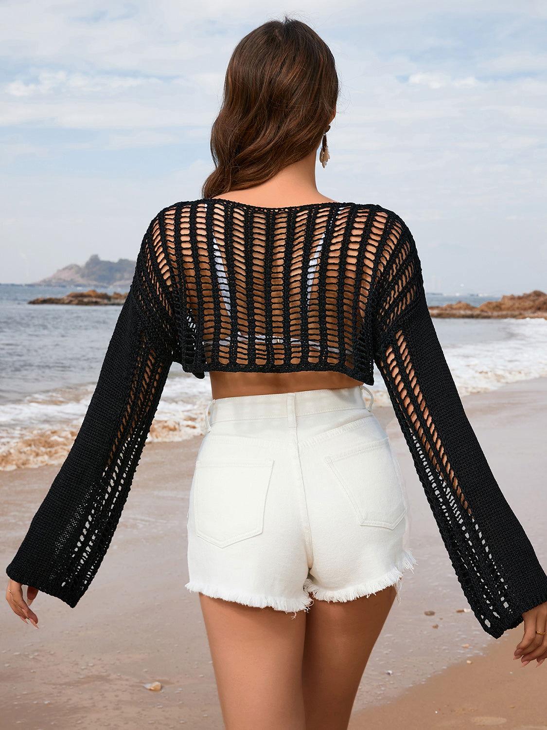 Openwork Boat Neck Long Sleeve Cover-Up - Clothes For Her Online Store