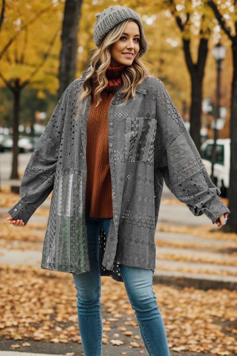 Openwork Button Up Long Sleeve Shacket - Clothes For Her Online Store