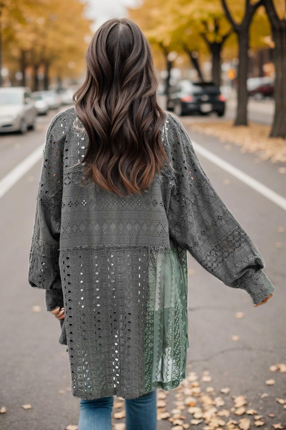 Openwork Button Up Long Sleeve Shacket - Clothes For Her Online Store