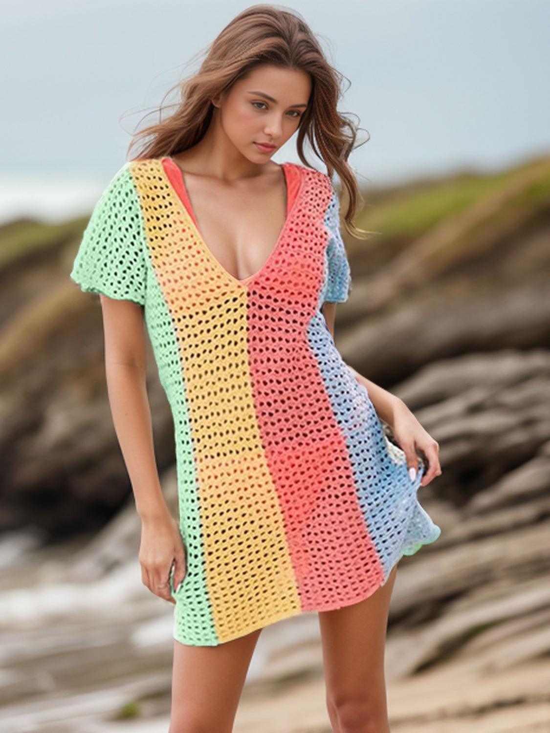 Openwork Color Block V-Neck Short Sleeve Cover-Up - Clothes For Her Online Store