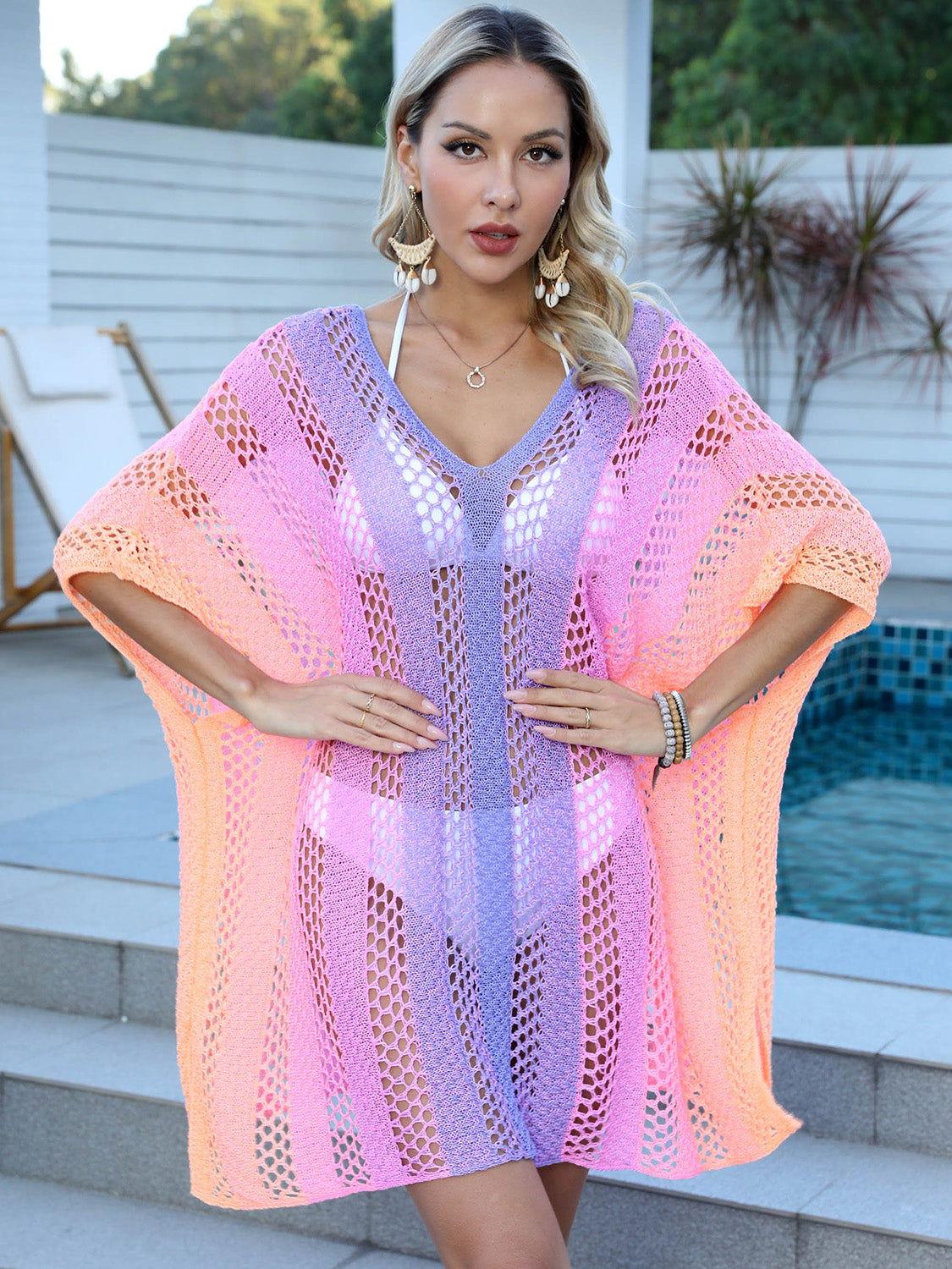 Openwork Contrast V-Neck Cover-Up - Clothes For Her Online Store
