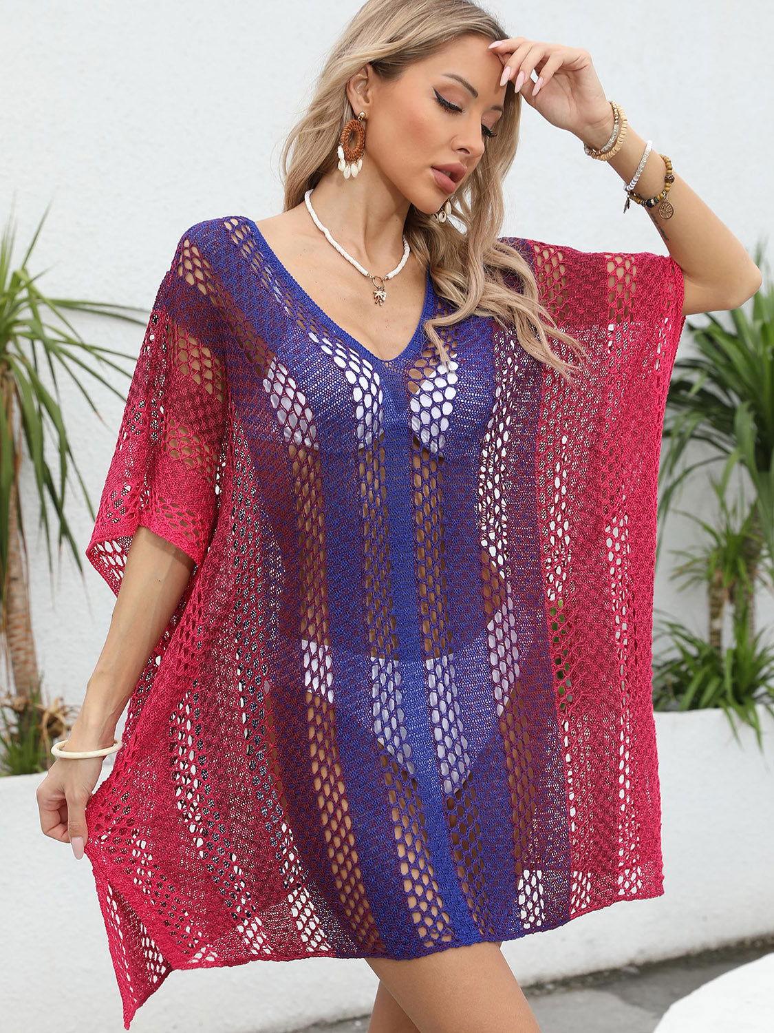 Openwork Contrast V-Neck Cover-Up - Clothes For Her Online Store