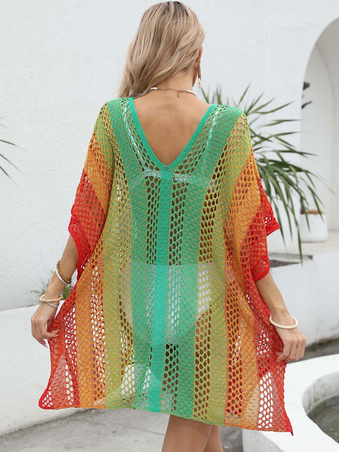 Openwork Contrast V-Neck Cover-Up - Clothes For Her Online Store