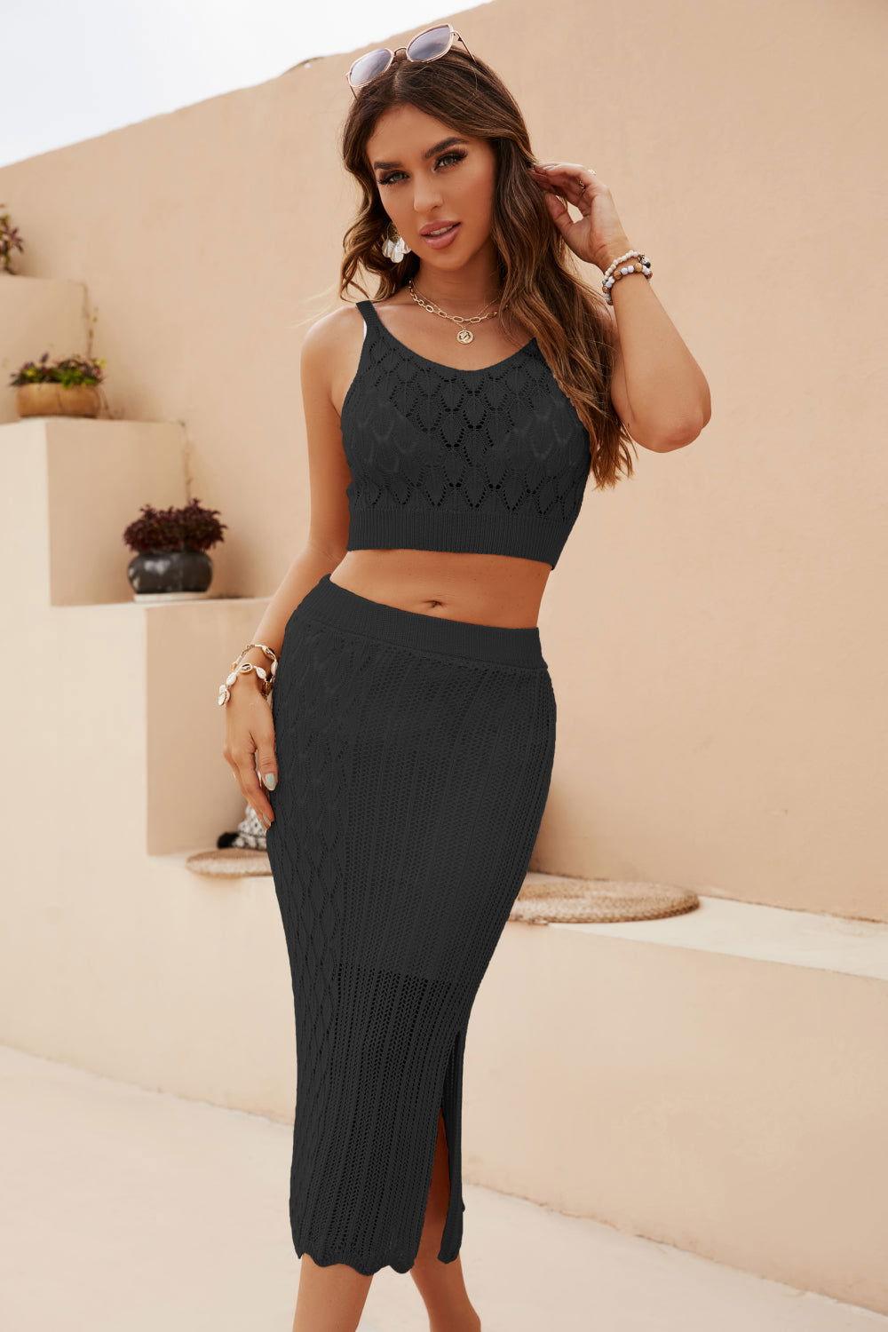 Openwork Cropped Tank and Split Skirt Set - Clothes For Her Online Store