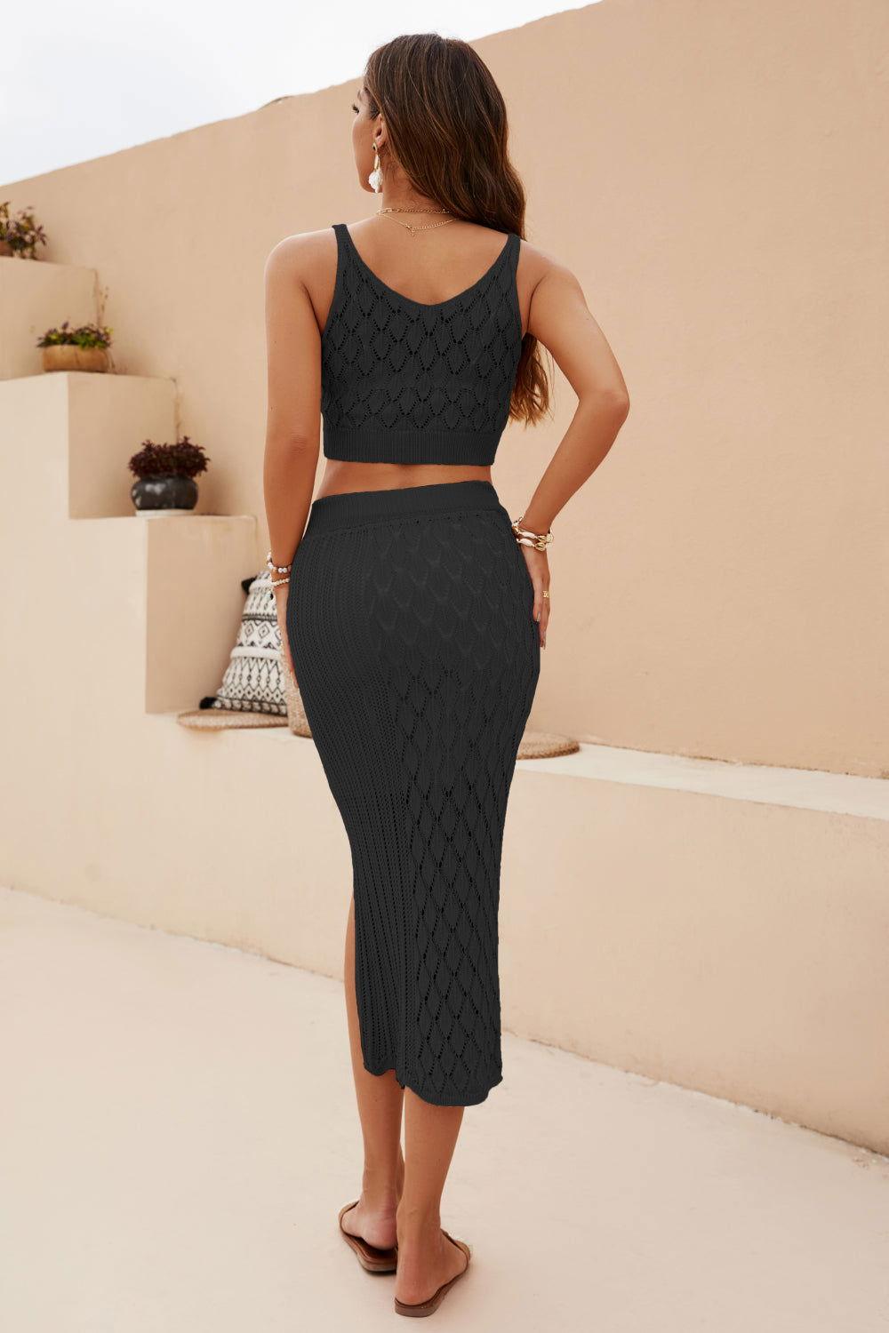 Openwork Cropped Tank and Split Skirt Set - Clothes For Her Online Store