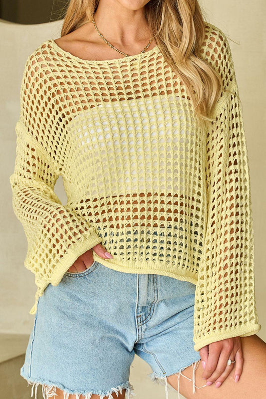 Openwork Round Neck Dropped Shoulder Knit Cover Up - Clothes For Her Online Store