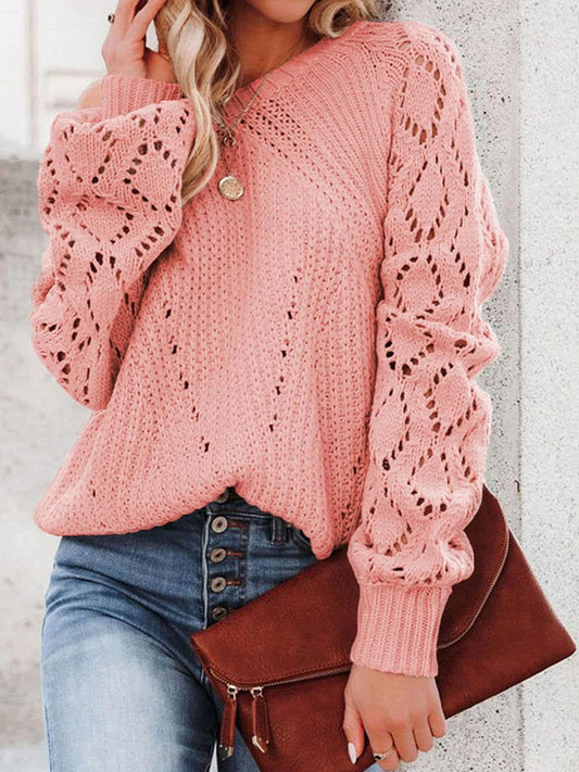 Openwork Round Neck Lantern Sleeve Sweater - Clothes For Her Online Store