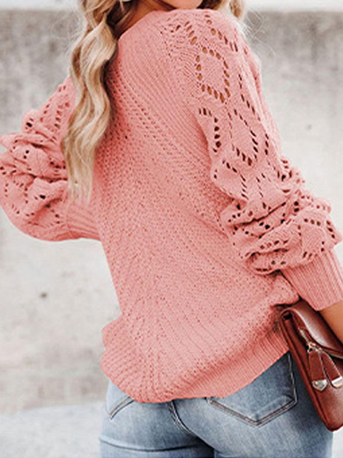 Openwork Round Neck Lantern Sleeve Sweater - Clothes For Her Online Store