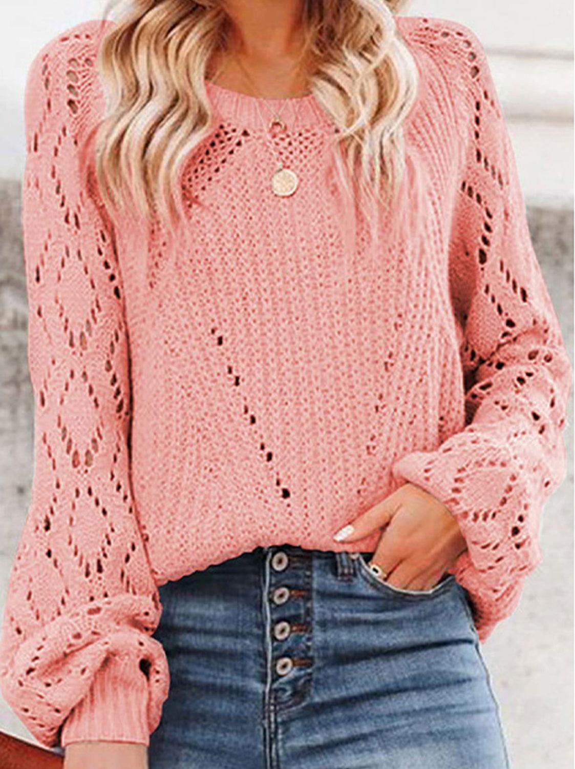 Openwork Round Neck Lantern Sleeve Sweater - Clothes For Her Online Store