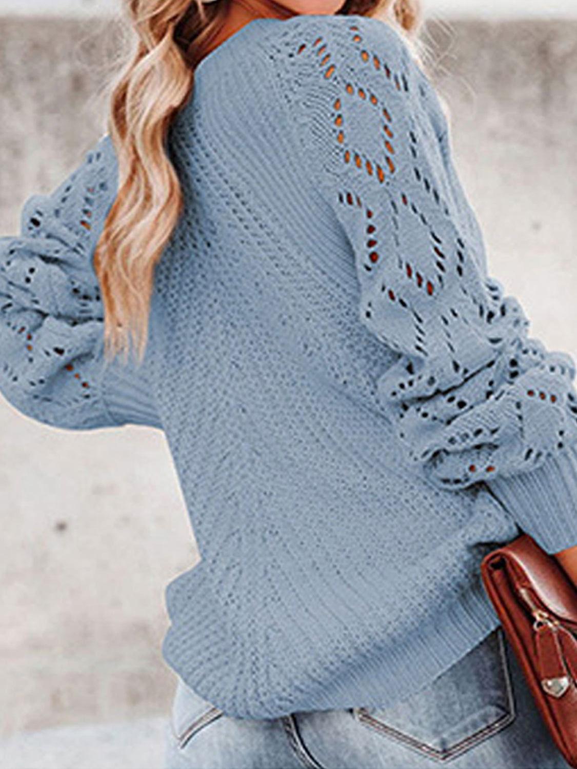 Openwork Round Neck Lantern Sleeve Sweater - Clothes For Her Online Store