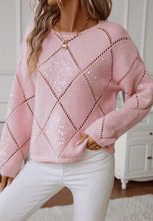 Openwork Sequin Round Neck Long Sleeve Sweater - Clothes For Her Online Store