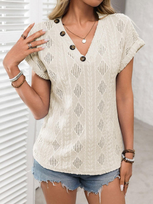 Openwork V-Neck Short Sleeve T-Shirt - Clothes For Her Online Store