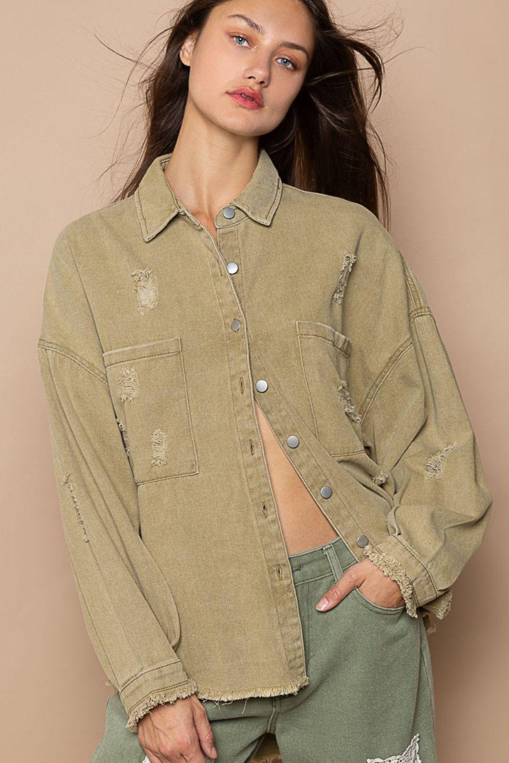 POL Button Down Raw Hem Distressed Shacket - Clothes For Her Online Store
