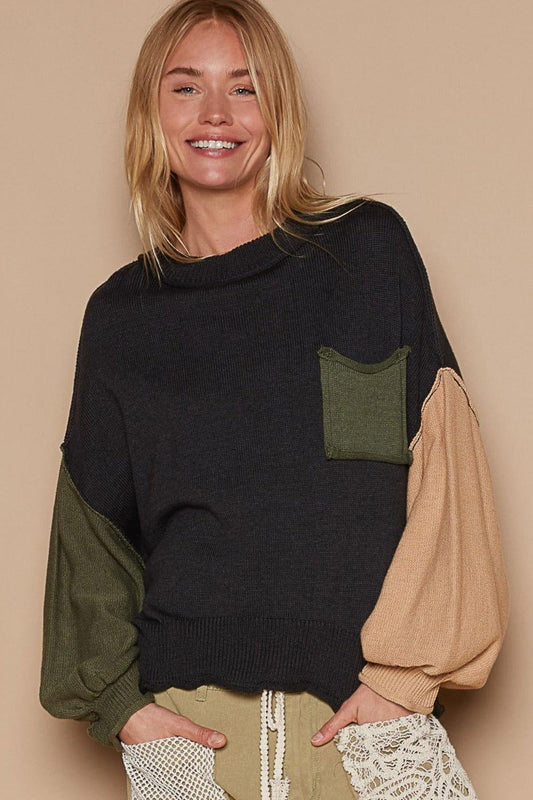 POL Color Block Roll Hem Hacci Sweater - Clothes For Her Online Store