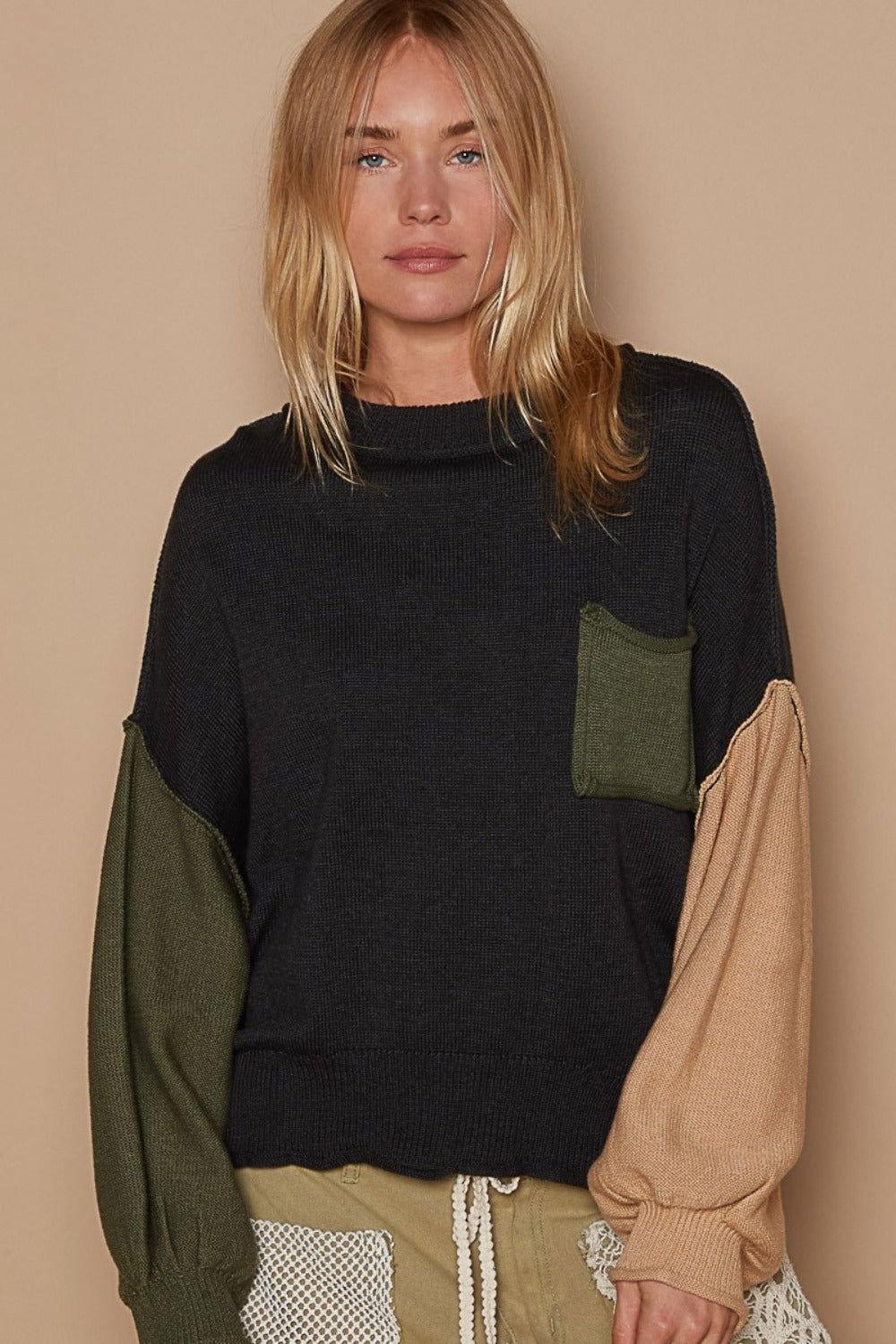 POL Color Block Roll Hem Hacci Sweater - Clothes For Her Online Store