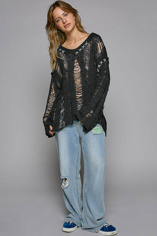 POL Distressed Dropped Shoulder Long Sleeve Knit Top - Clothes For Her Online Store
