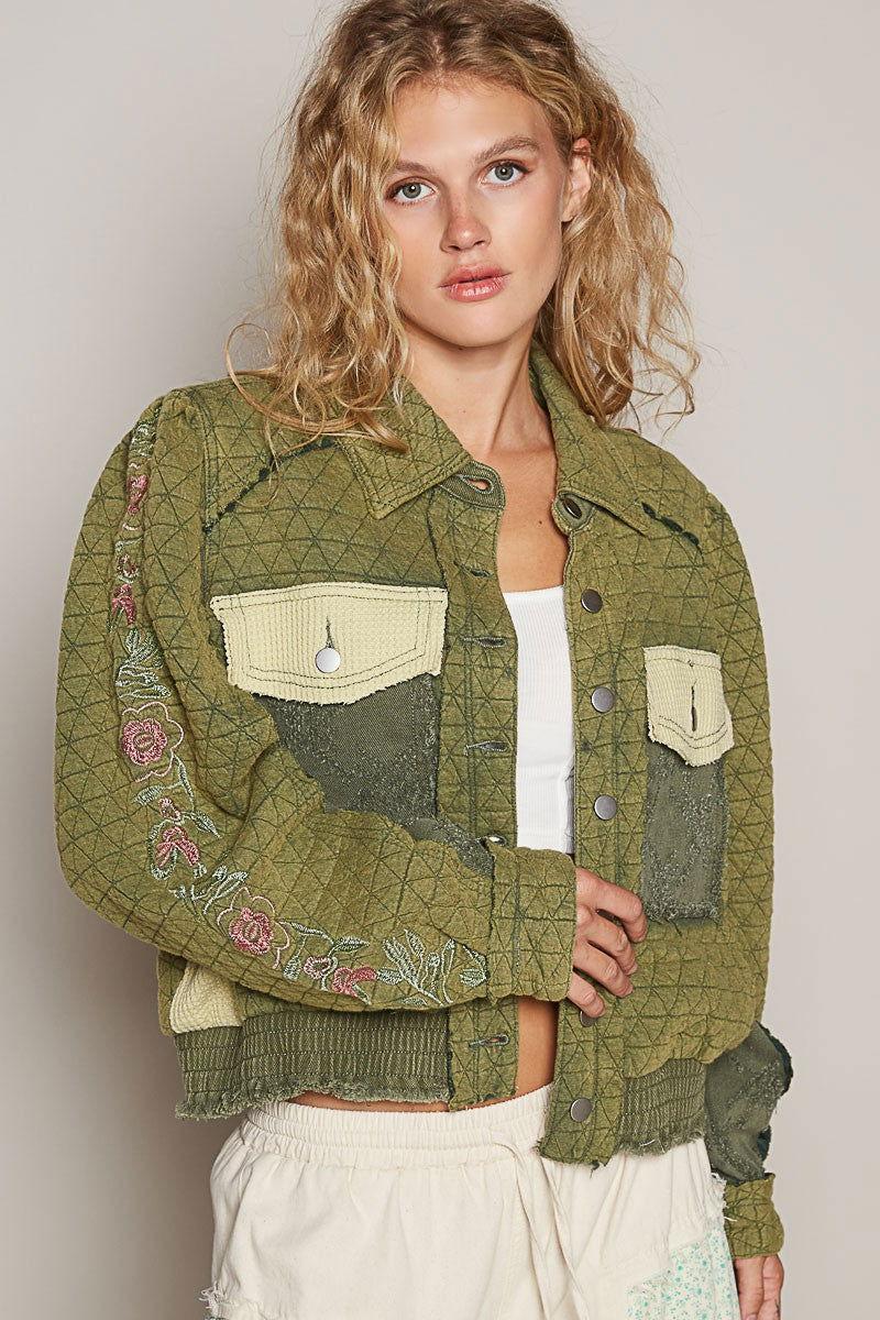 POL Embroidered Sleeve Raw Edge Quilted Jacket - Clothes For Her Online Store