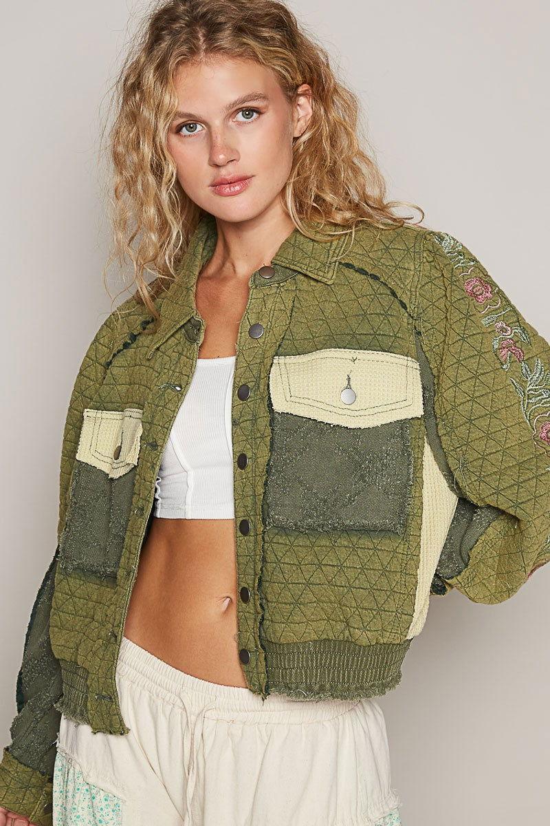 POL Embroidered Sleeve Raw Edge Quilted Jacket - Clothes For Her Online Store