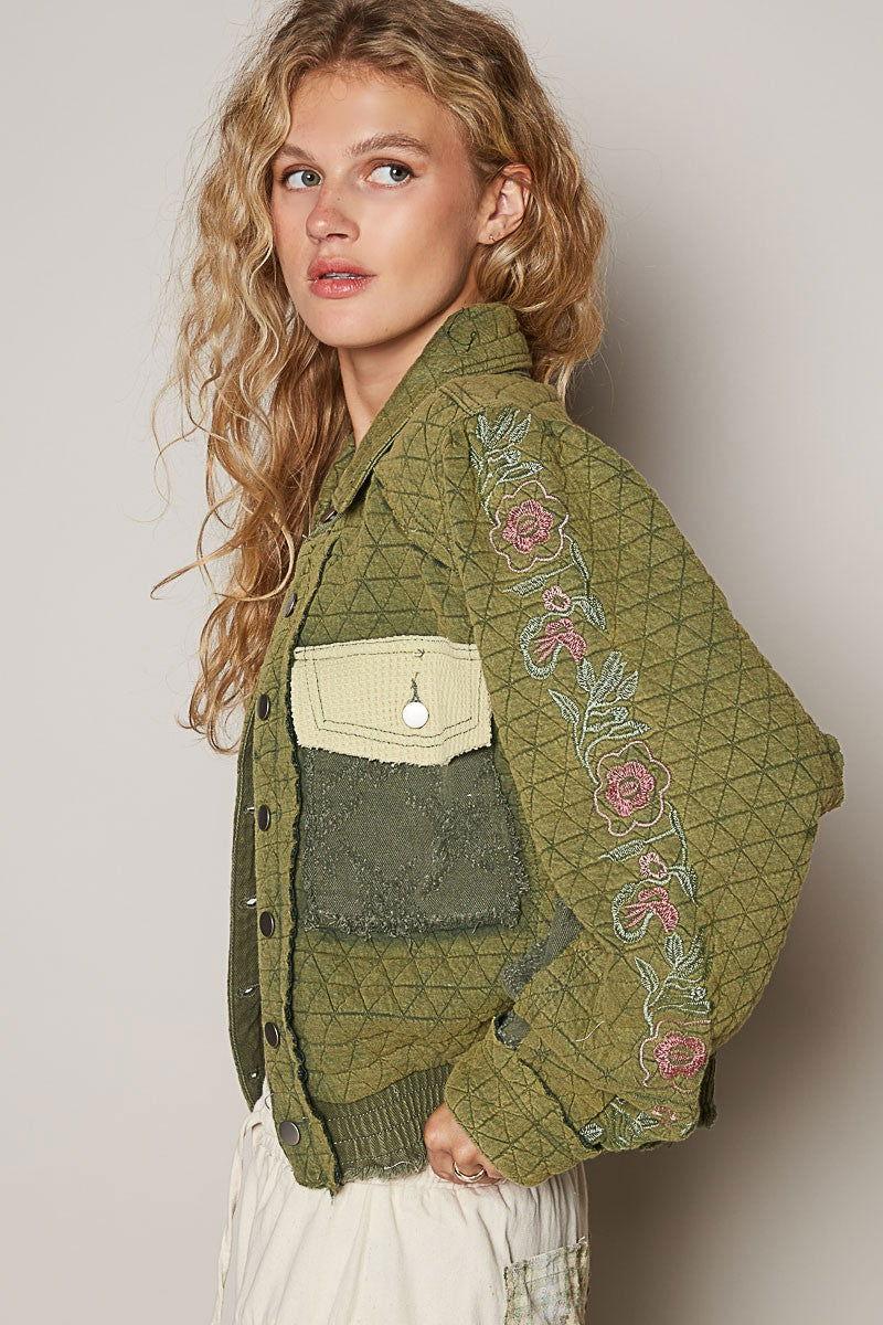 POL Embroidered Sleeve Raw Edge Quilted Jacket - Clothes For Her Online Store