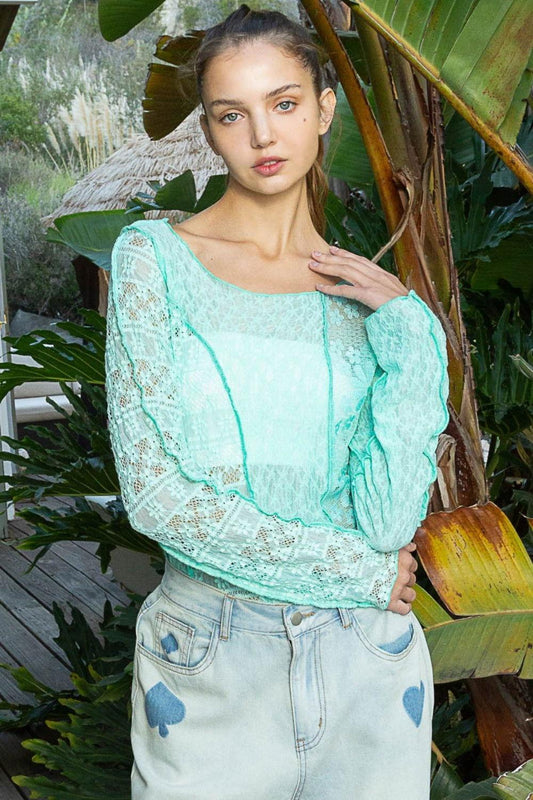 POL Exposed Seam Long Sleeve Lace Knit Top - Clothes For Her Online Store