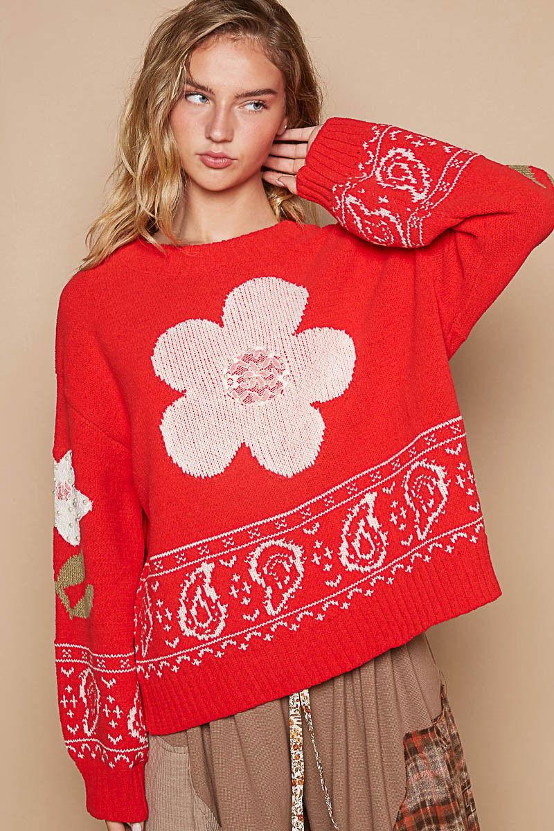 POL Flower Lace Patch Long Sleeve Sweater - Clothes For Her Online Store