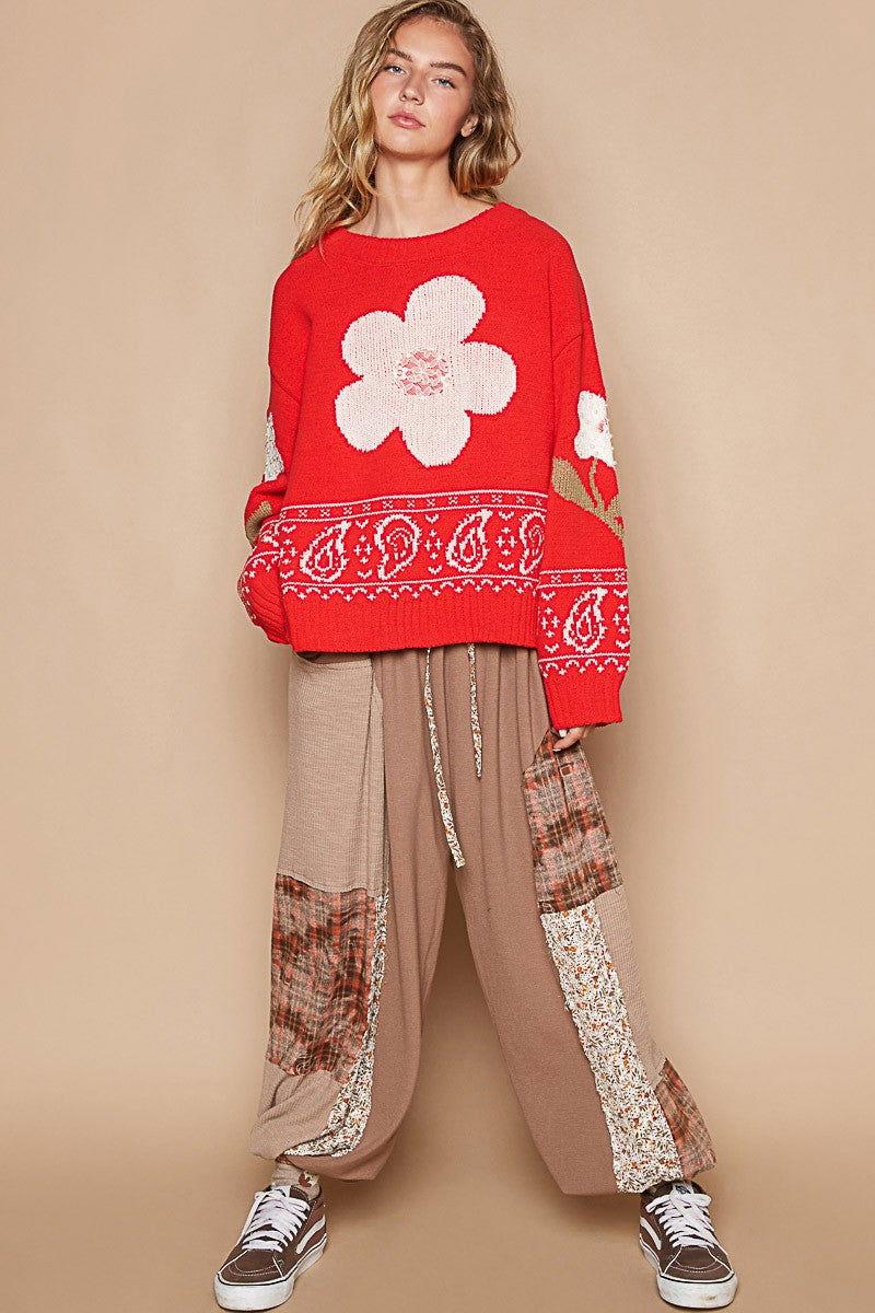 POL Flower Lace Patch Long Sleeve Sweater - Clothes For Her Online Store