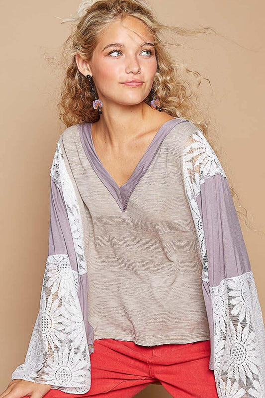 POL Lace Detail V-Neck Flare Sleeve Blouse - Clothes For Her Online Store