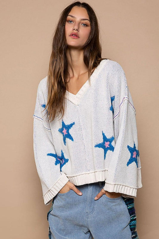 POL Long Sleeve Star Patch Sweater - Clothes For Her Online Store