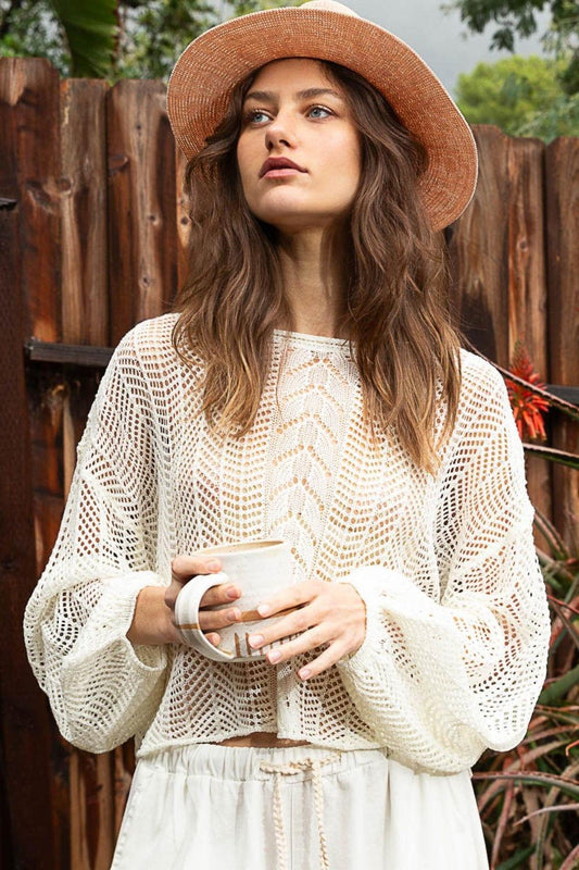 POL Openwork Balloon Sleeve Knit Cover Up - Clothes For Her Online Store