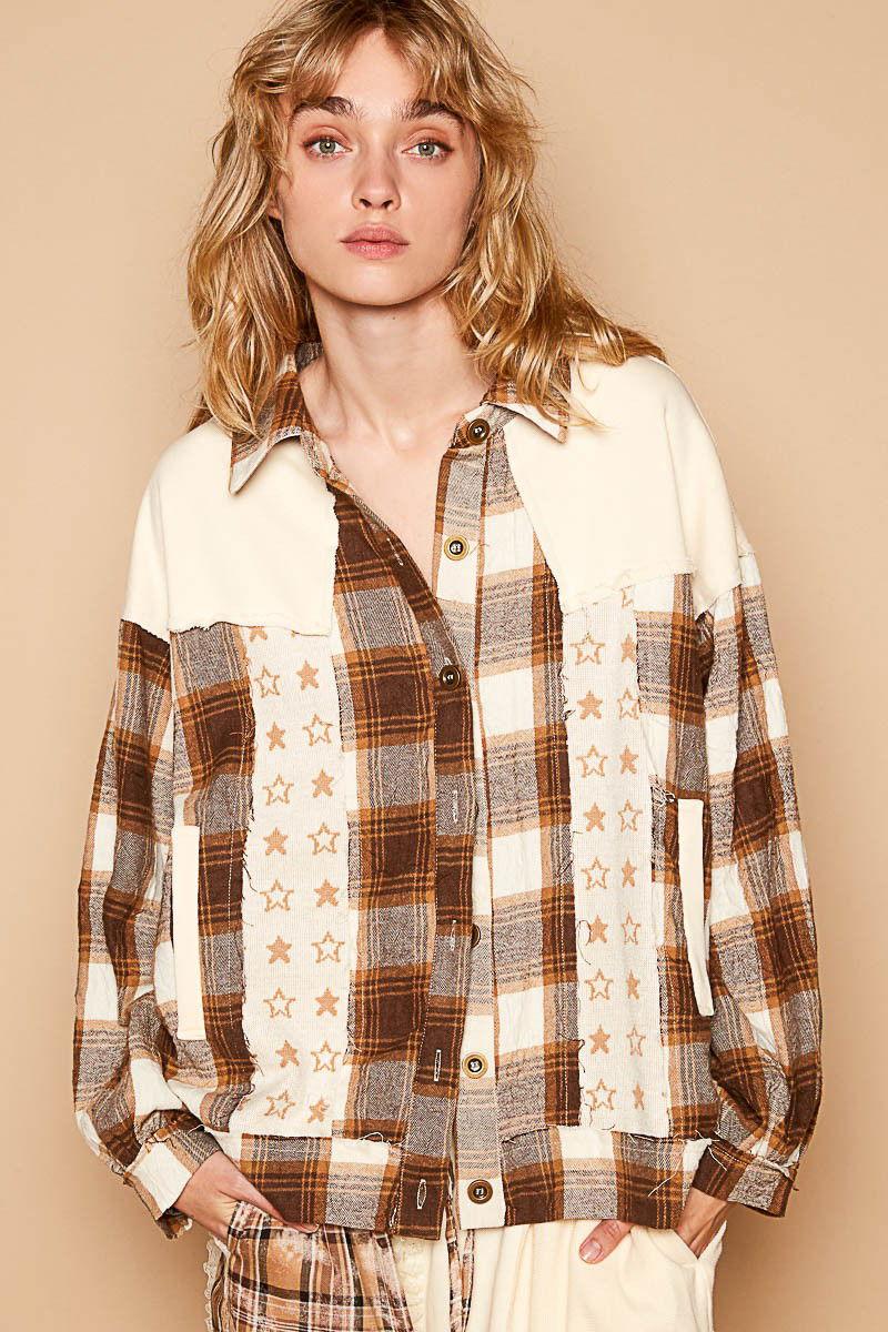 POL Plaid & Star Patchwork Contrast Long Sleeve Shacket - Clothes For Her Online Store