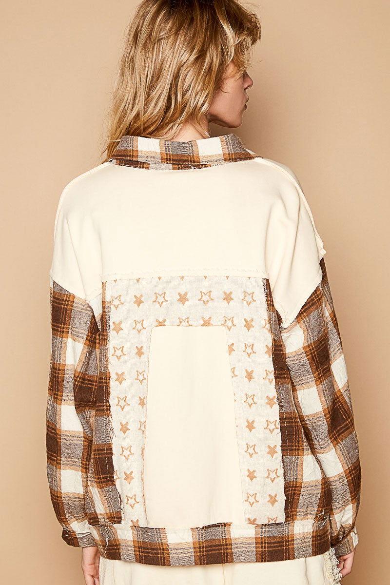 POL Plaid & Star Patchwork Contrast Long Sleeve Shacket - Clothes For Her Online Store
