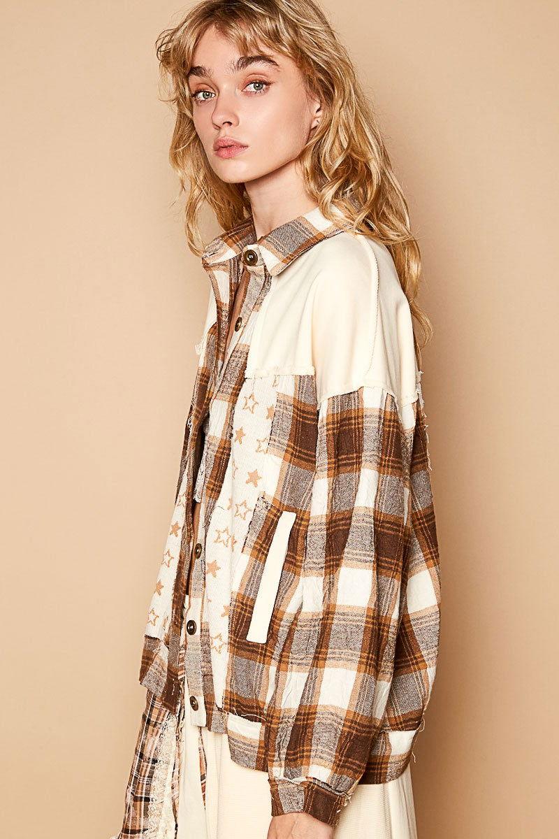 POL Plaid & Star Patchwork Contrast Long Sleeve Shacket - Clothes For Her Online Store