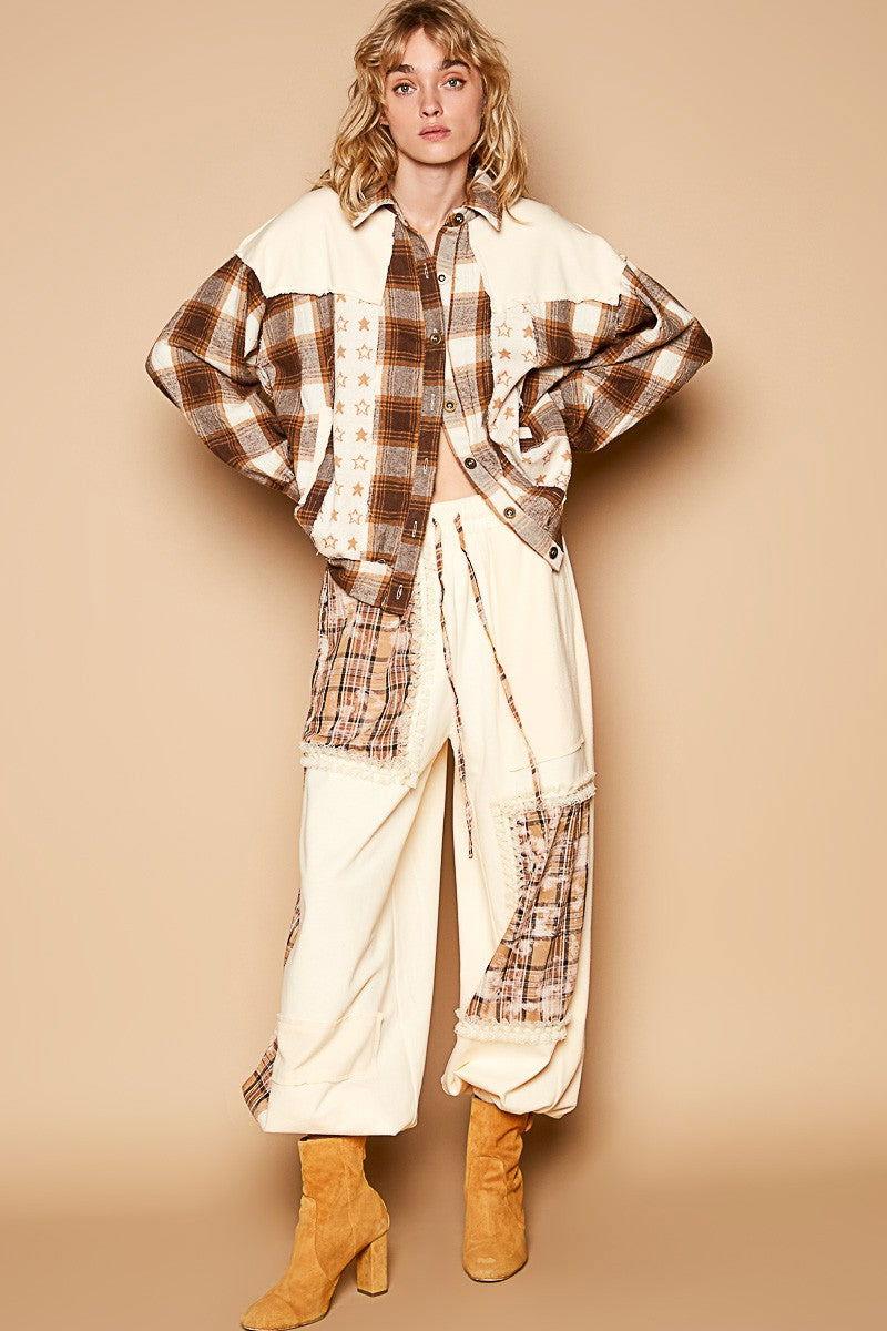 POL Plaid & Star Patchwork Contrast Long Sleeve Shacket - Clothes For Her Online Store