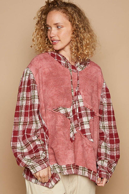 POL Star Patch Plaid Long Sleeve Hooded Top - Clothes For Her Online Store
