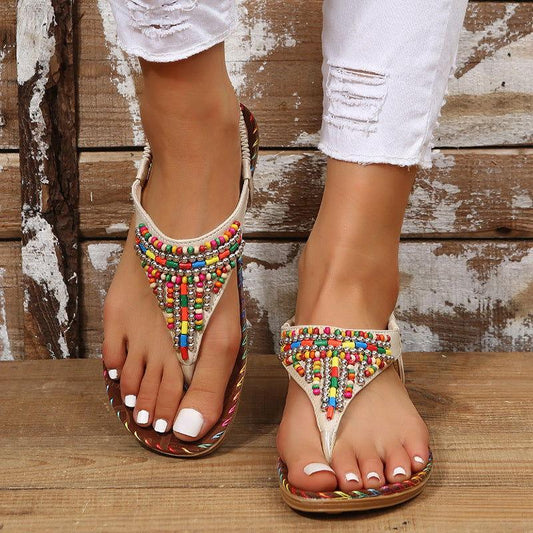 PU Leather Beaded Flat Sandals - Clothes For Her Online Store