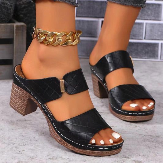 PU Leather Block Heel Sandals - Clothes For Her Online Store