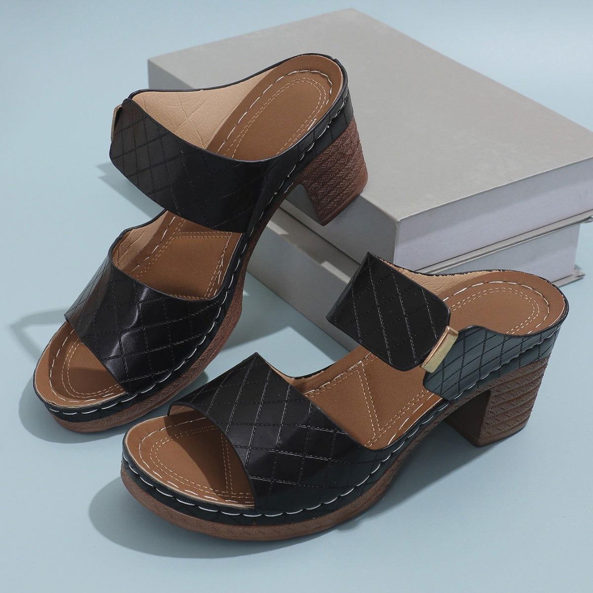 PU Leather Block Heel Sandals - Clothes For Her Online Store