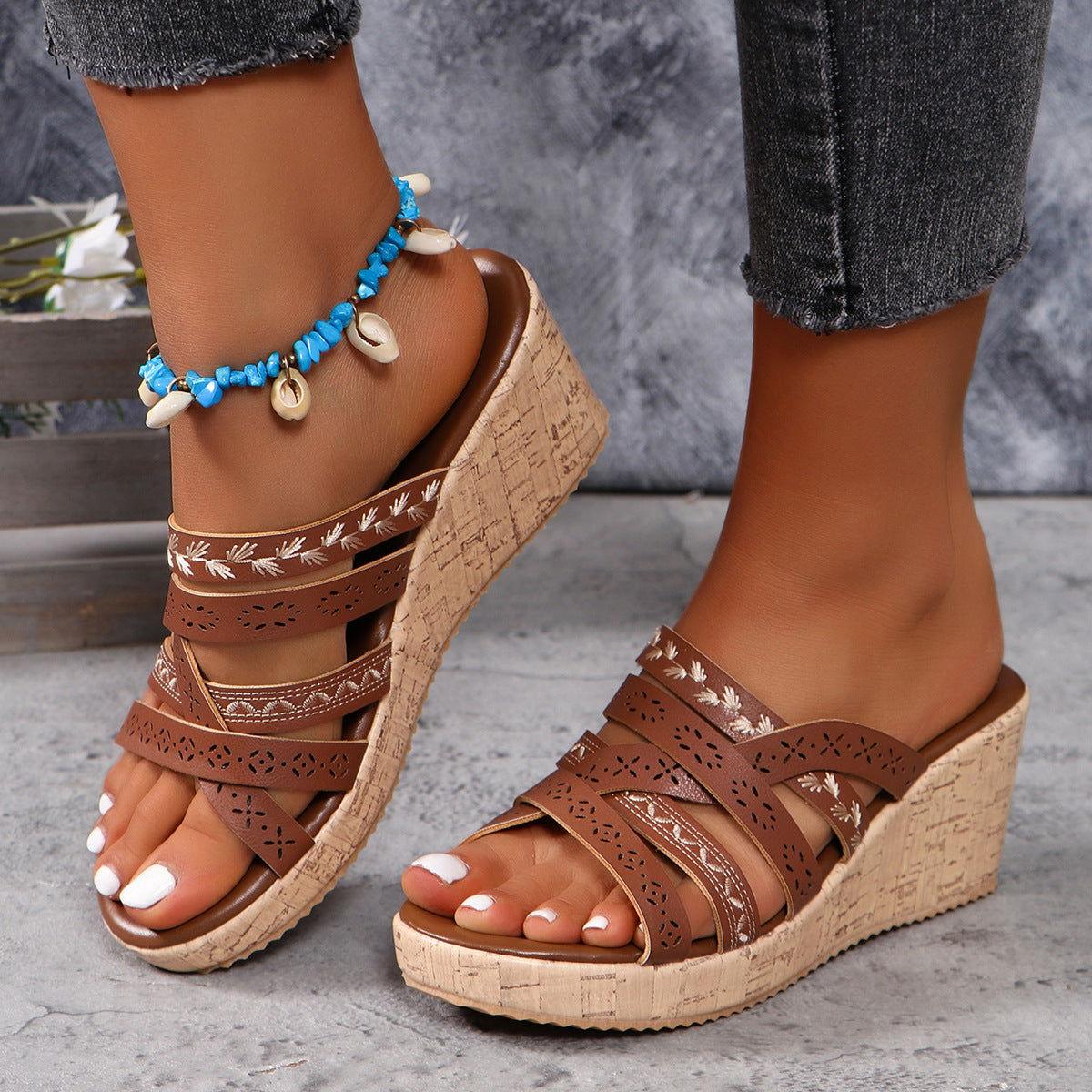 PU Leather Crisscross Wedge Sandals - Clothes For Her Online Store