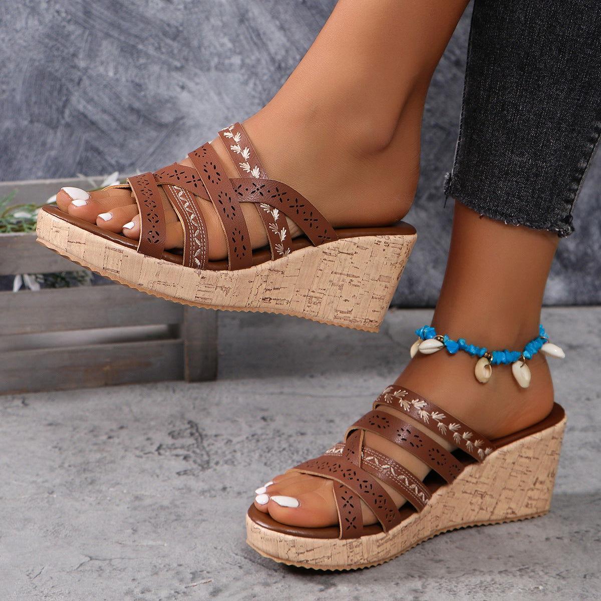 PU Leather Crisscross Wedge Sandals - Clothes For Her Online Store
