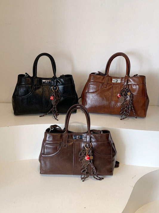 PU Leather Handbag with Pendant - Clothes For Her Online Store