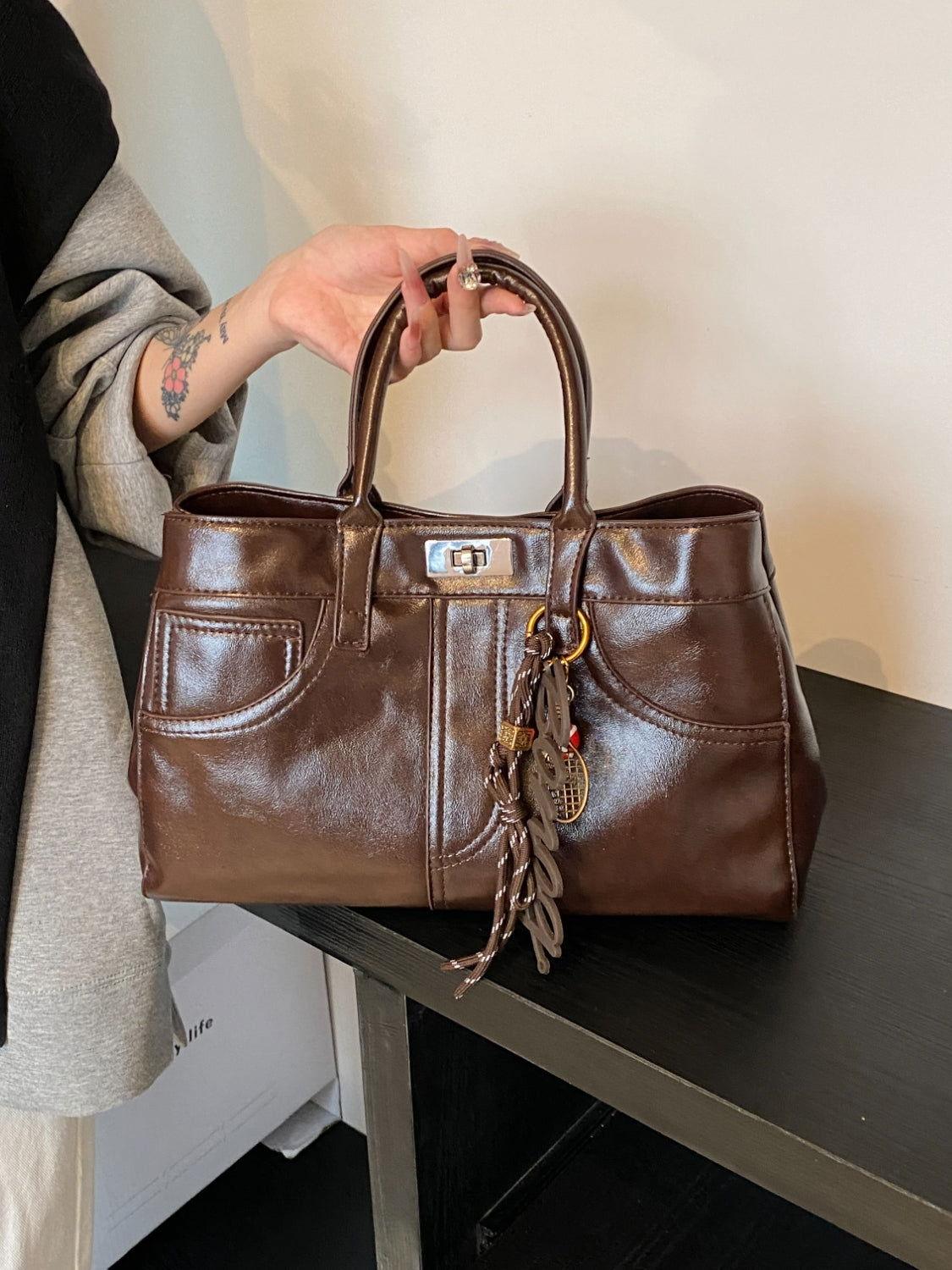 PU Leather Handbag with Pendant - Clothes For Her Online Store